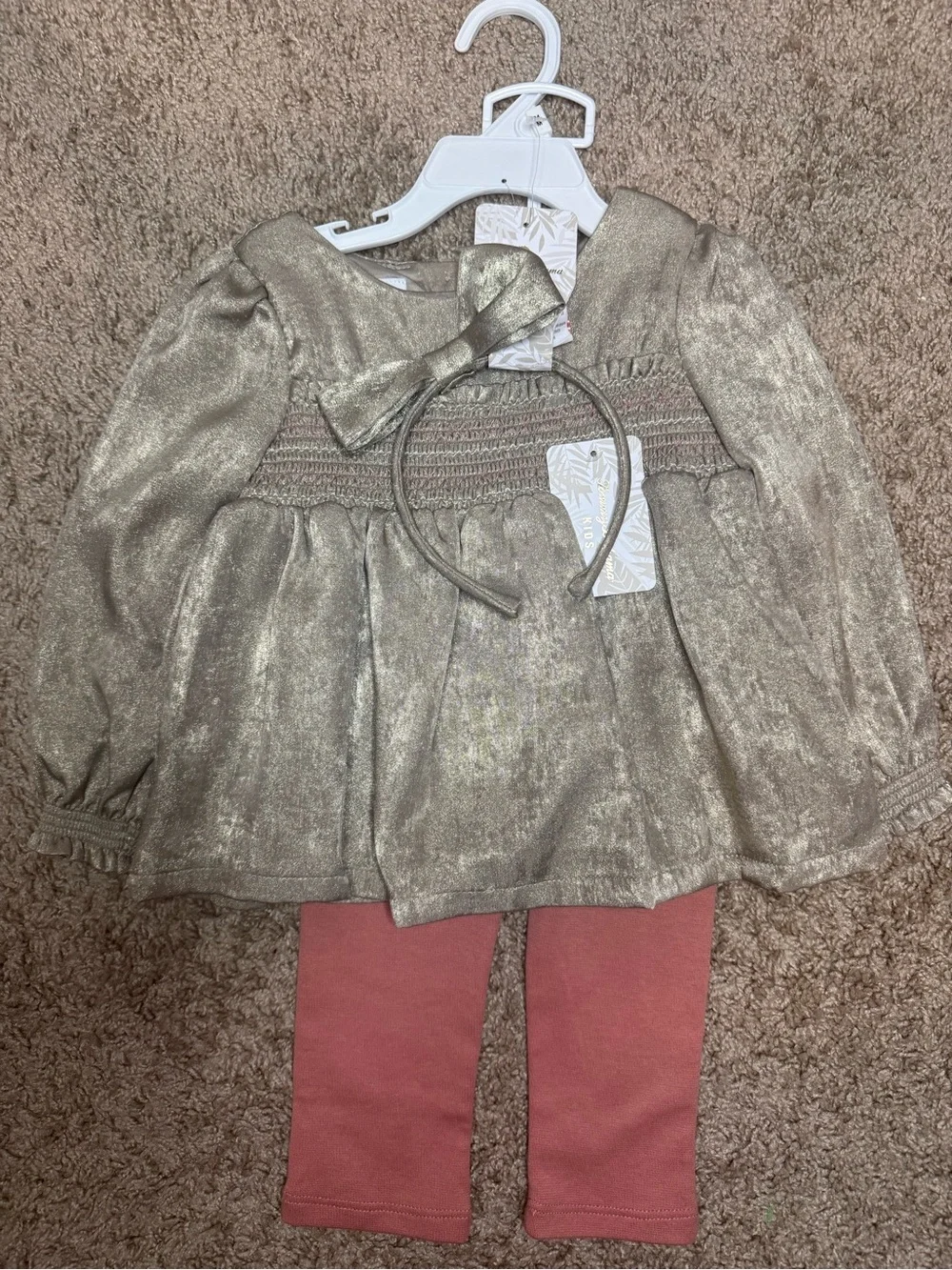 Tommy Bahama toddler girl's gold shimmer dress and leggings set